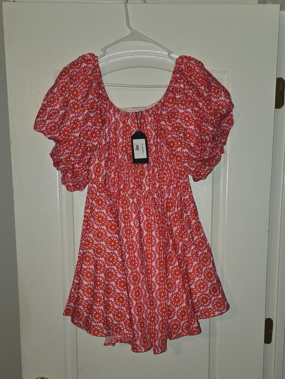 Women's Pink-Orange Floral Puff-Sleeve Smocked Dress
